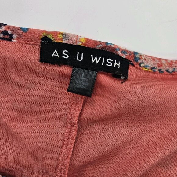 AS U Wish Sz L Peasant Tunic Dress Peach Navy POCKETS Hippie Boho Festival 3/4sl - Picture 10 of 16